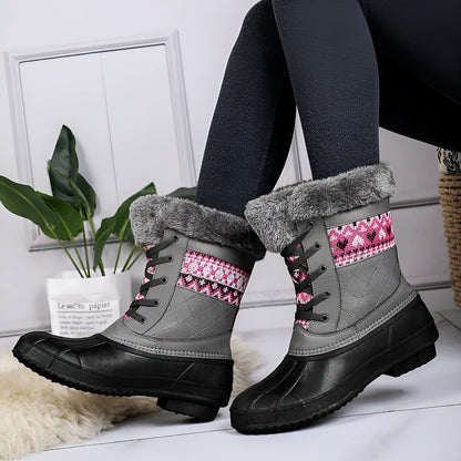 Women's winter high-top hiking shoes in black with plus velvet lining, front tie, and non-slip rubber sole