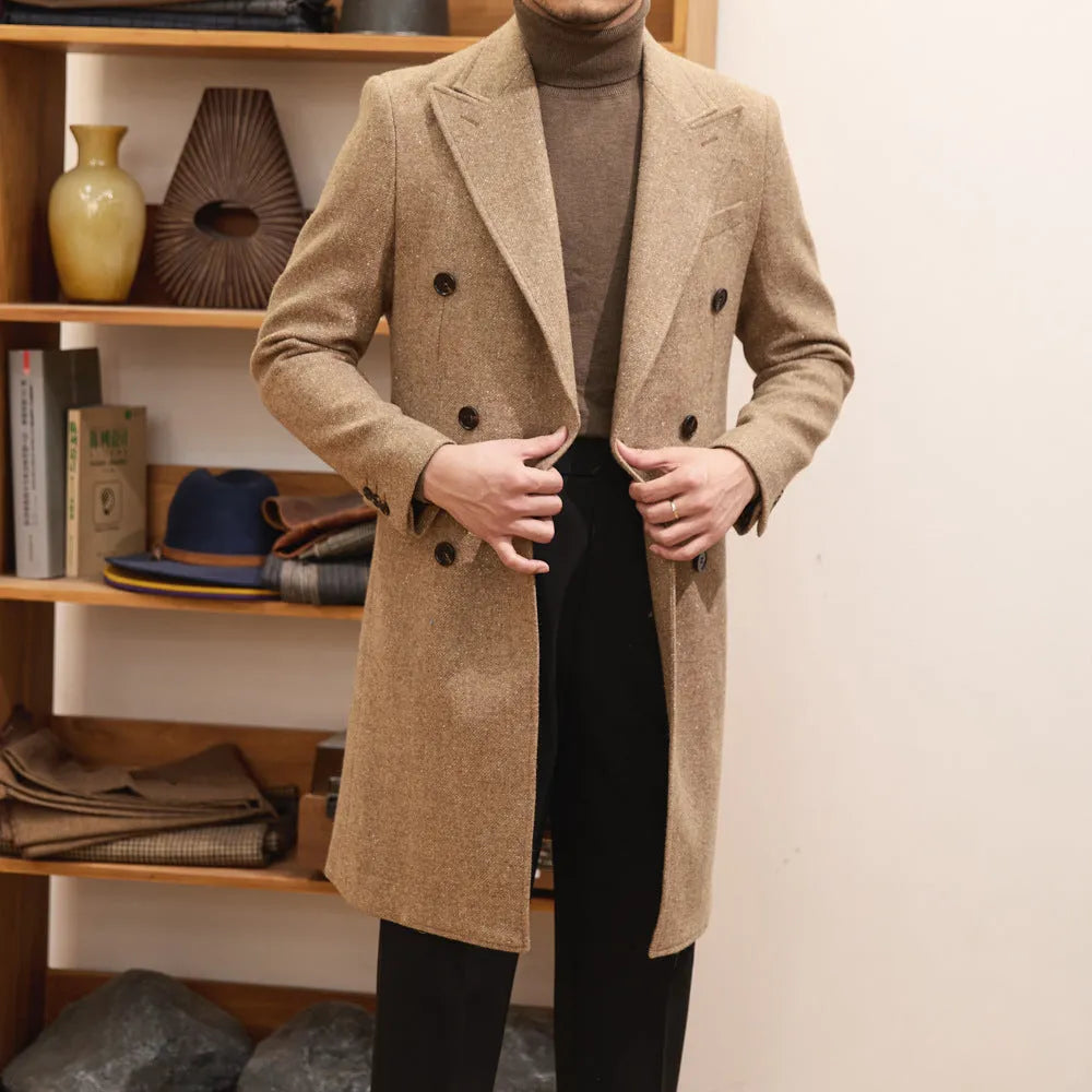 Brown men's slim fit double breasted wool blend jacket with straight hem and side seam pockets.