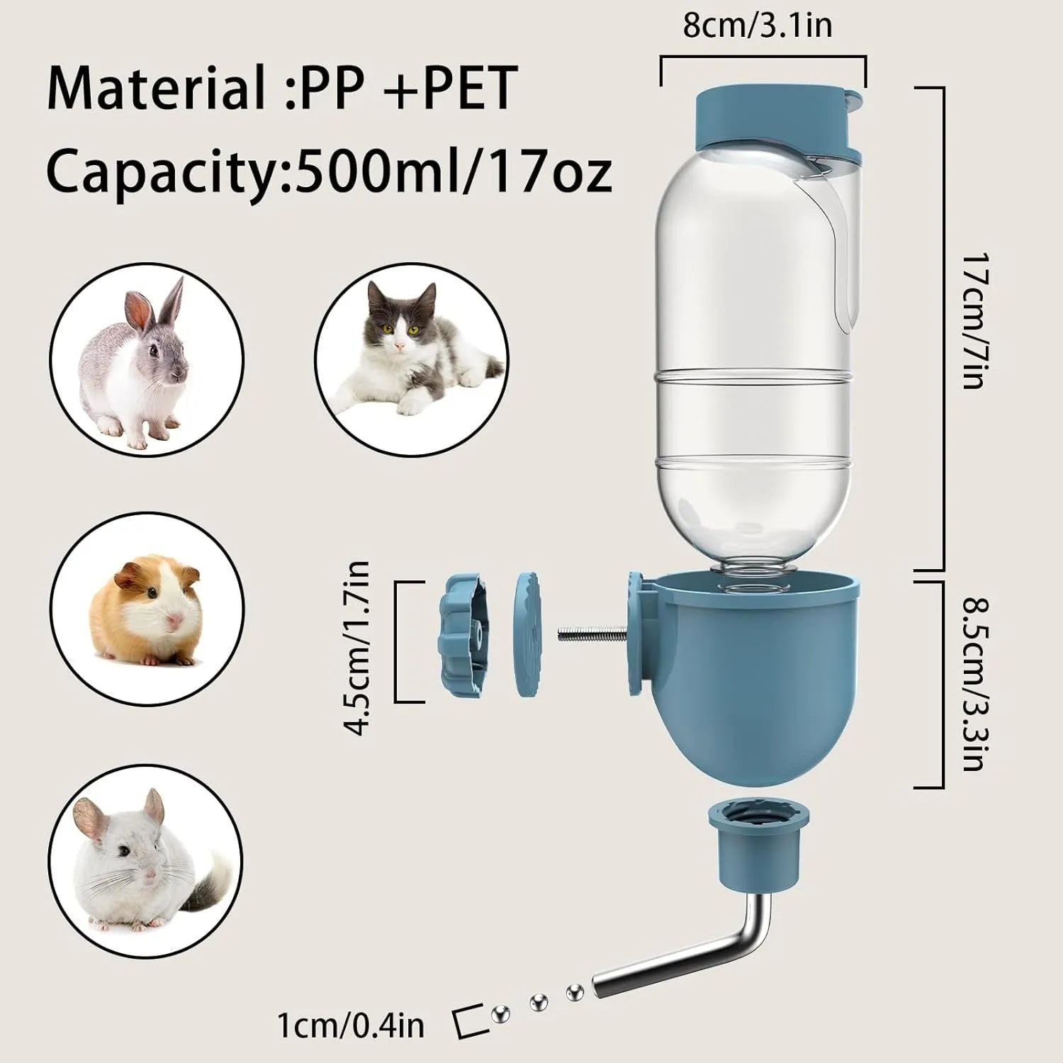 Blue small animal water bottle with rotatable nozzle mounted on a wire cage for a rabbit or guinea pig.