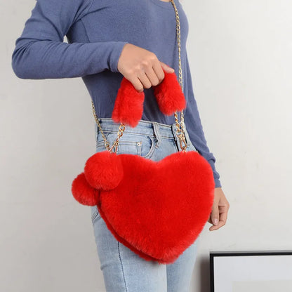 Women's soft plush heart-shaped handbag with shoulder strap in multiple solid colours