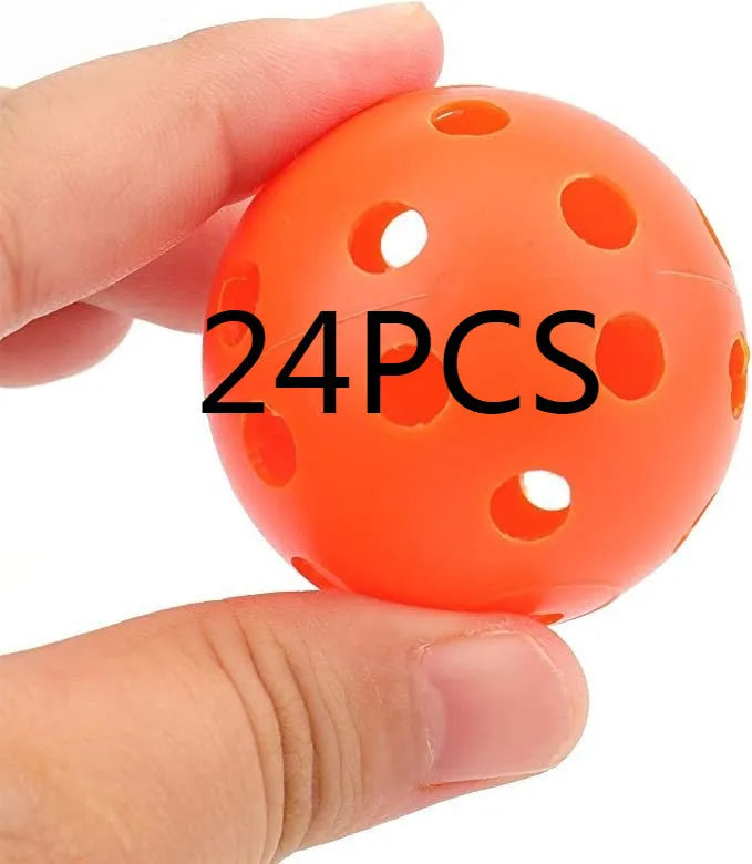 Multi-colour golf practice balls in red, orange, blue, green, white, and yellow, 42mm diameter, packed in a net pocket