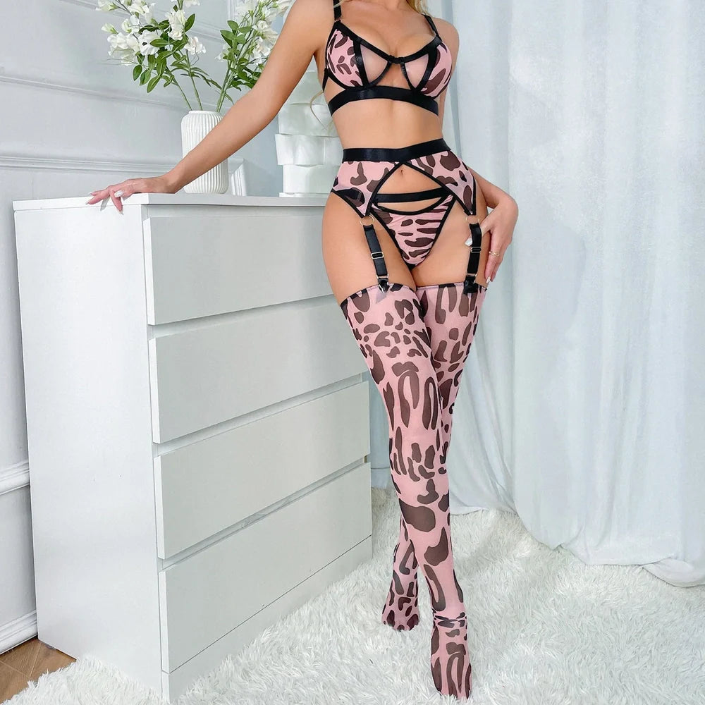 Wild leopard print mesh lingerie set with hollow back design and fixed double-shoulder straps