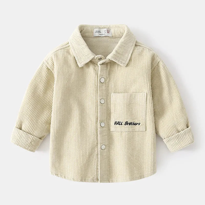 Boys' cotton long sleeved shirt in beige and grey, sizes 90cm to 130cm, casual top with round neck