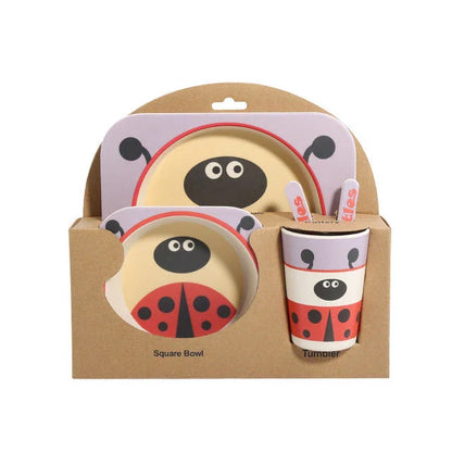 5-piece eco-friendly bamboo fiber children's tableware set with animal designs, including plate, bowl, cup, fork, and spoon