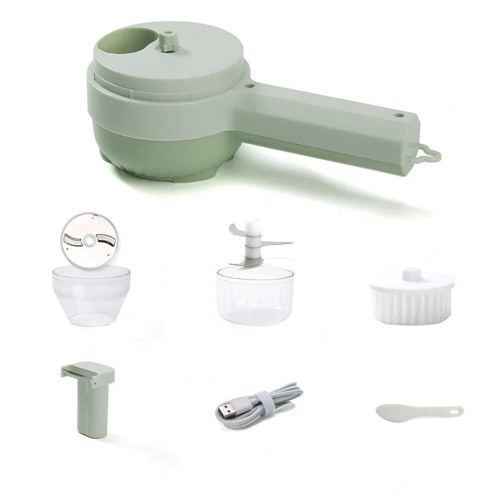 Green wireless vegetable cutter with stainless steel blade and transparent container for food processing