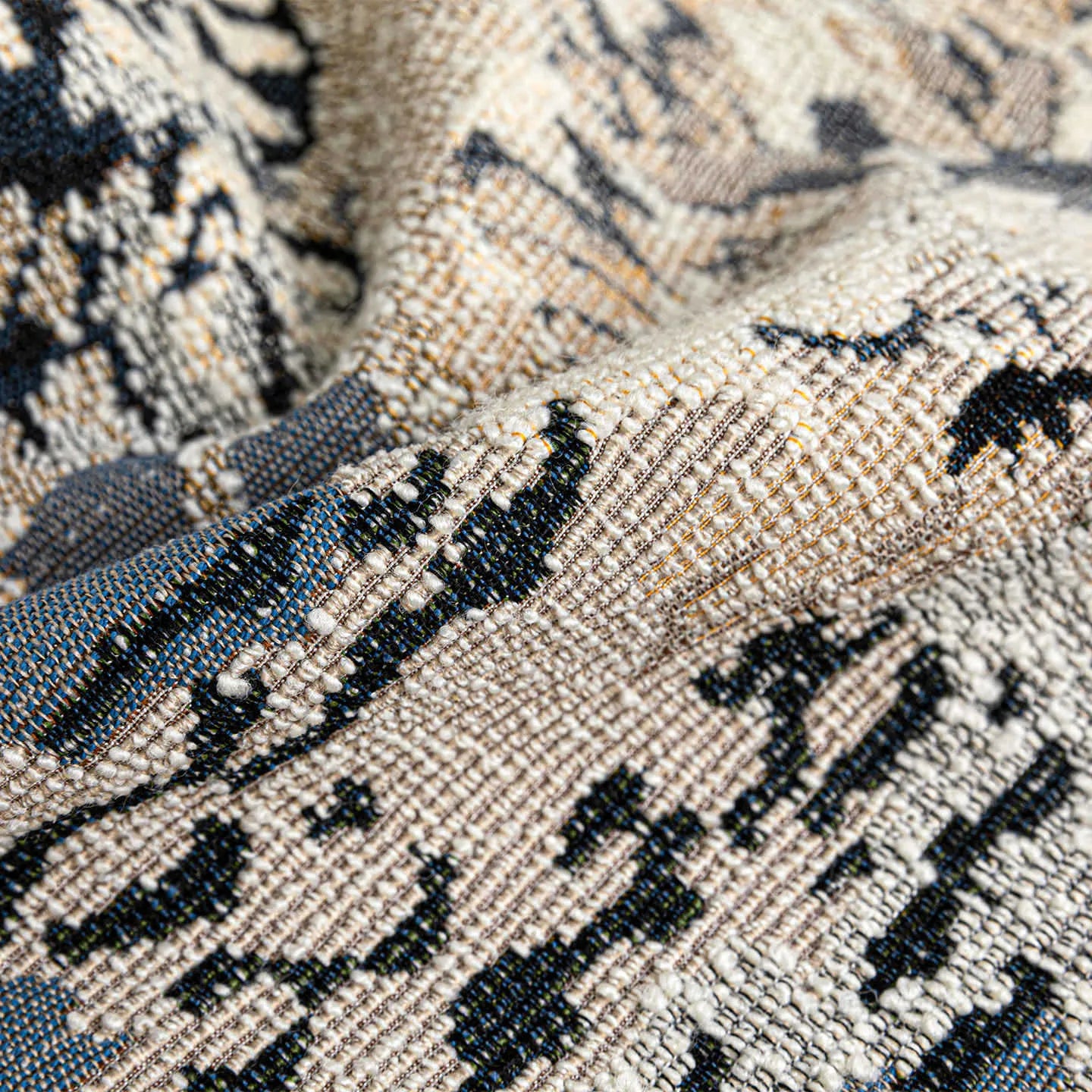 Square decorative cushion with botanical pattern in antique blue, wool blend fabric, feather velvet filler