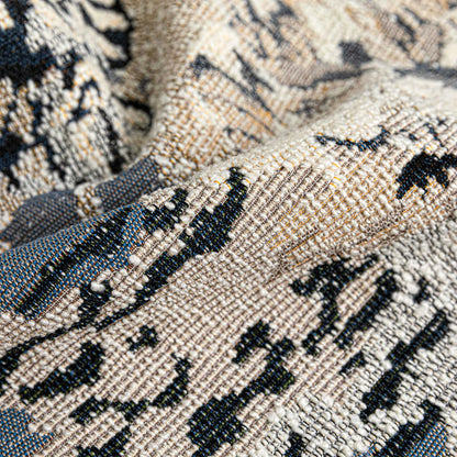 Square decorative cushion with botanical pattern in antique blue, wool blend fabric, feather velvet filler