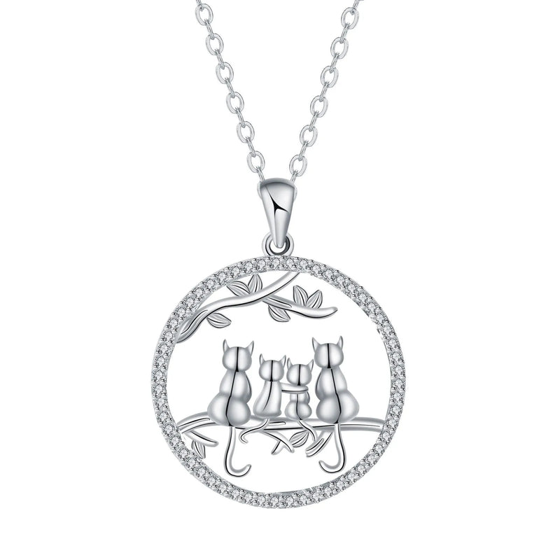 Women's copper necklace featuring a four kitten pendant and cross chain design, an original cat-themed piece of jewellery made from electroplated copper with a length of 50 cm and a pendant size of 20 mm x 30 mm.