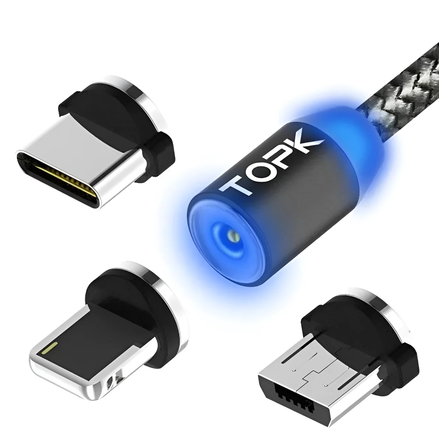 Magnetic fast charging cable with aluminium ends and three small magnetic plugs for iPhone, USB-C and Android.