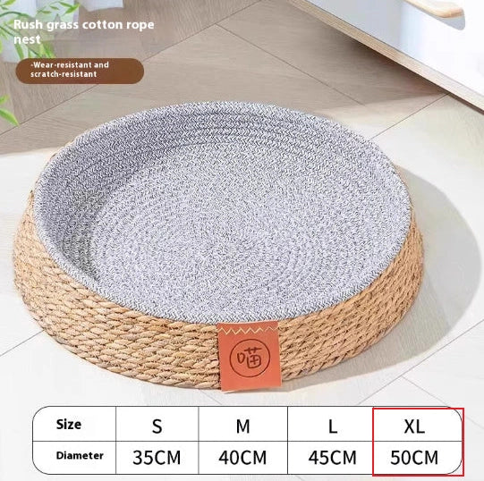 Woven rattan cat nest showing open construction for airflow, available in multiple sizes