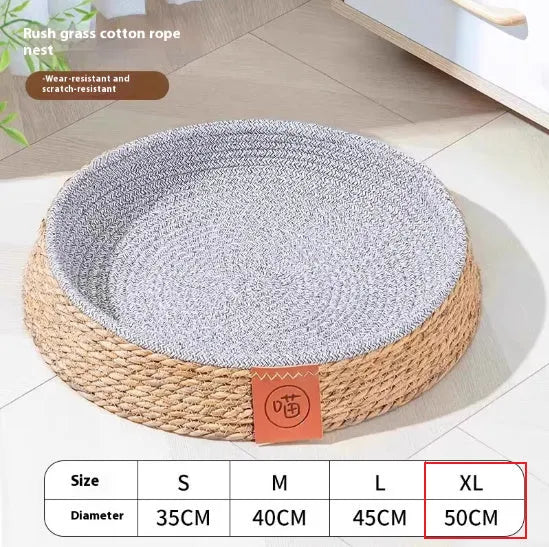 Natural rattan woven cat nest bed, available in four sizes, shown as a breathable basket-style pet bed.