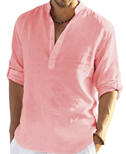 Premium cotton-linen casual shirt with stand collar, long sleeves, and button-down closure