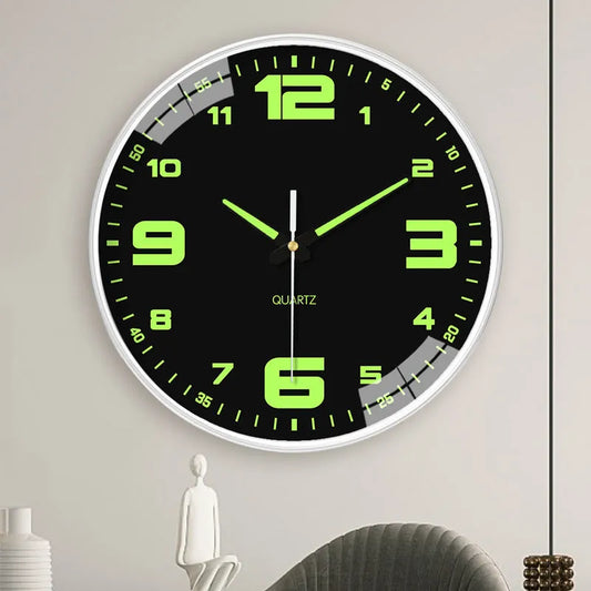 8-inch luminous wall clock with 20cm diameter and modern plastic design on a wall