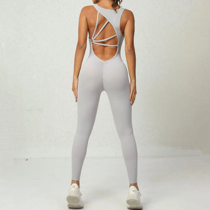 Stylish yoga jumpsuit with unique V-shaped back design, sleeveless, and stretch fabric for versatile fitness routines