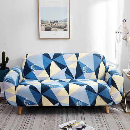 Elastic sofa cover with stripe pattern stretched over 3-seat sofa in living room setting