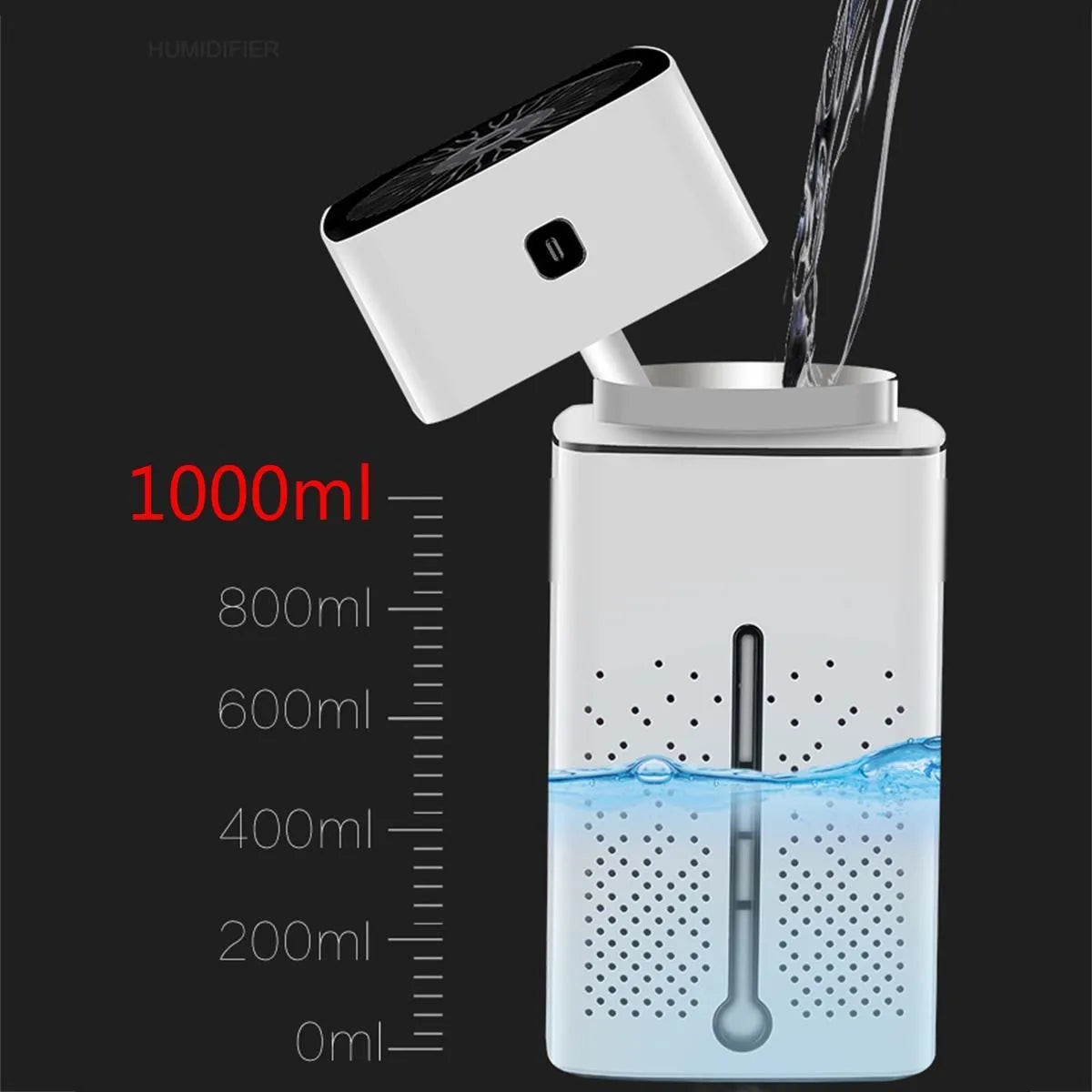 Black and white home office desktop humidifier measuring 103x103x218mm with 1000ml capacity and USB interface
