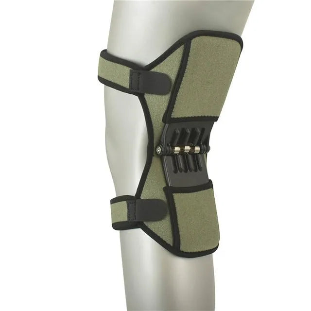 Adjustable spring knee brace for sports support in black, shown with straps.