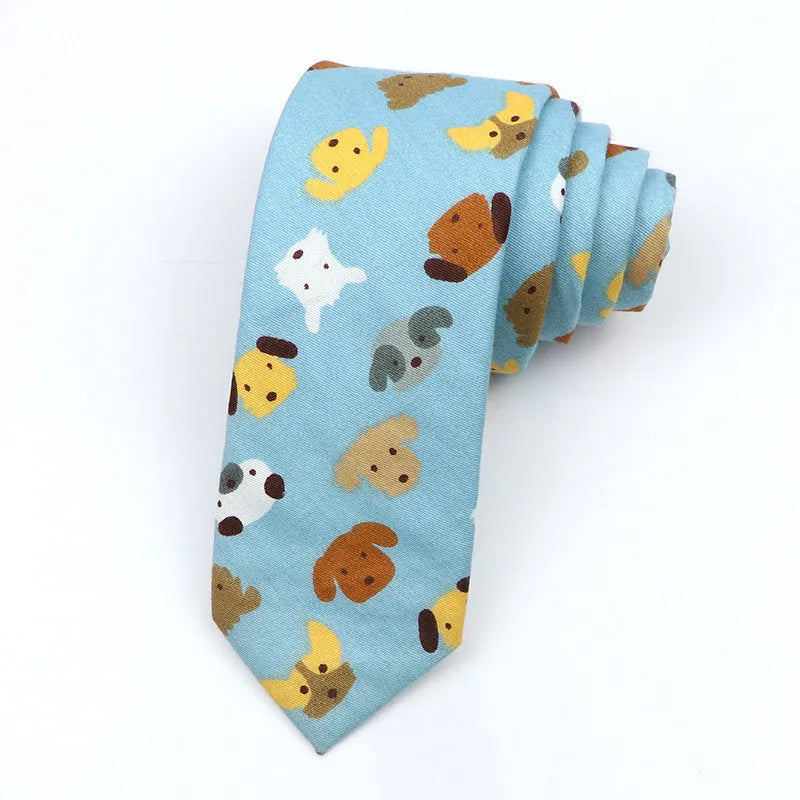A narrow Korean-style cotton bow tie featuring a cartoon print, shown in a selection of colours.