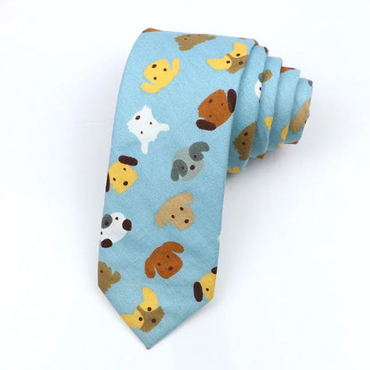 A narrow Korean-style cotton bow tie featuring a cartoon print, shown in a selection of colours.