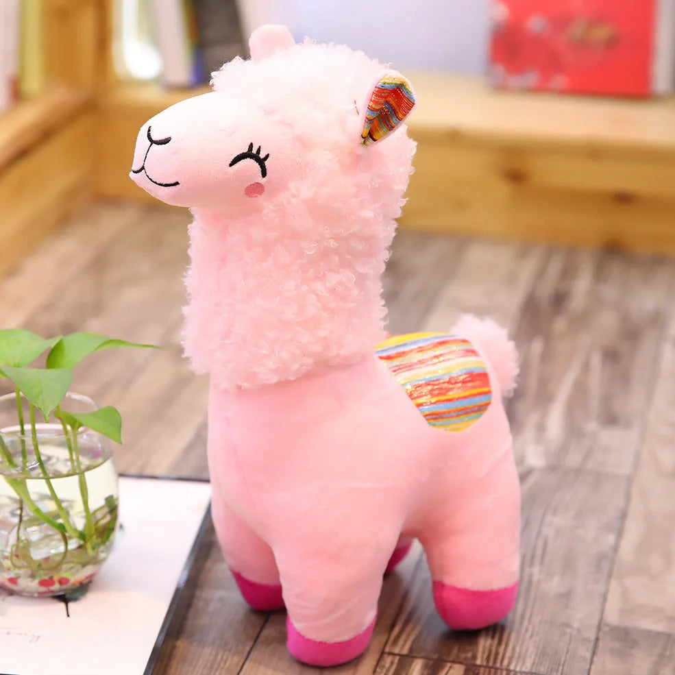Alpaca Llama stuffed plush toy in blue, brown, white, or pink colours with soft cloth exterior
