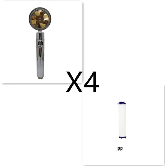 Chrome-finished ABS plastic water-saving shower head with a round, rotating spray head.