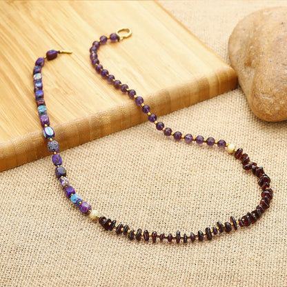 Geometric garnet and amethyst stone bead bracelet with manual craftsmanship texture