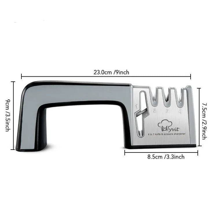 Black and cyan four-in-one kitchen knife sharpener with multiple sharpening rods on display