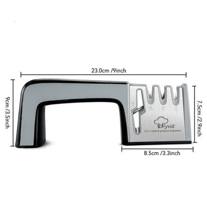 Black and cyan four-in-one kitchen knife sharpener with multiple sharpening rods on display