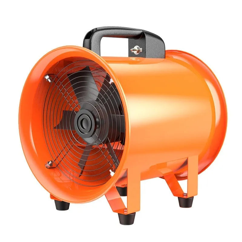 Portable 8-inch industrial axial flow fan with titanium steel blades and a connected 5-metre duct.
