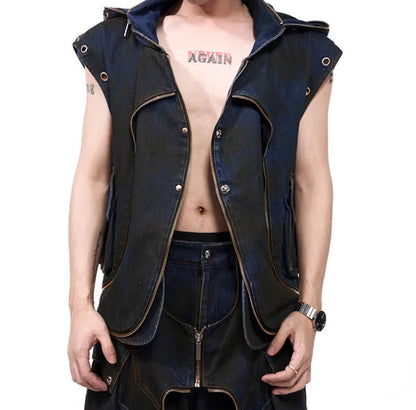 Blue hooded denim vest coat with front zip worn with matching trousers in a two-piece set.