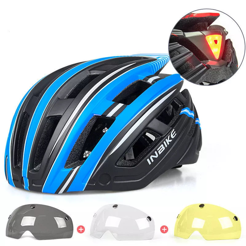 Mountain road bikes cycling helmet with tail lights and interchangeable lenses for men and women