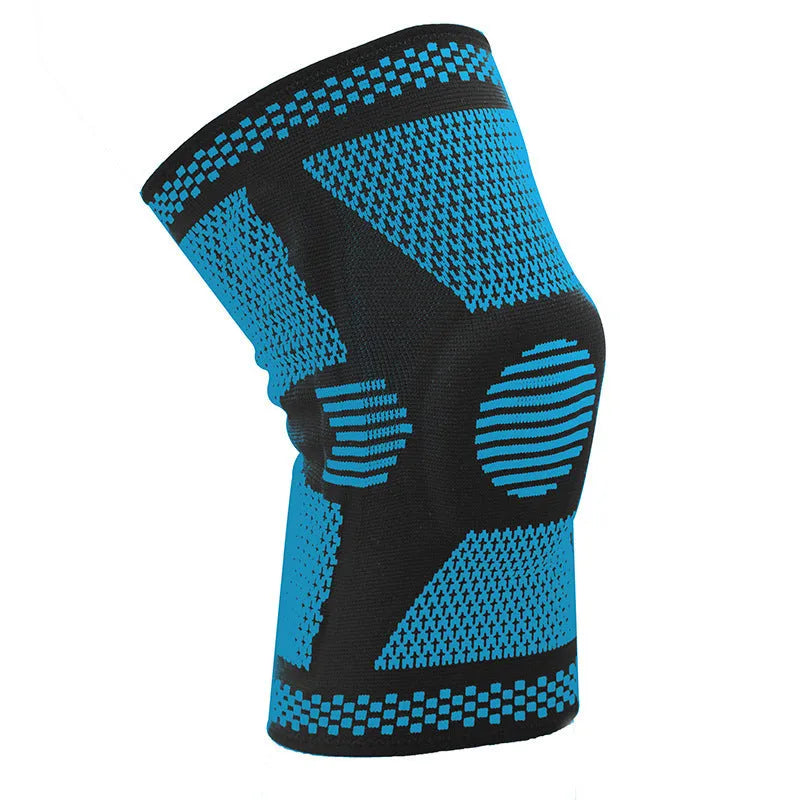 Polyamide silicone spring knee pads in blue, green, orange, and white colours shown in L, M, and XL sizes.