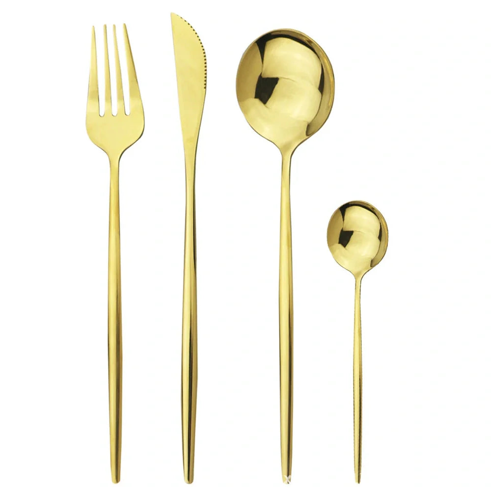 24-piece stainless steel cutlery set with mirror-polished finish showing six place settings in gold colour