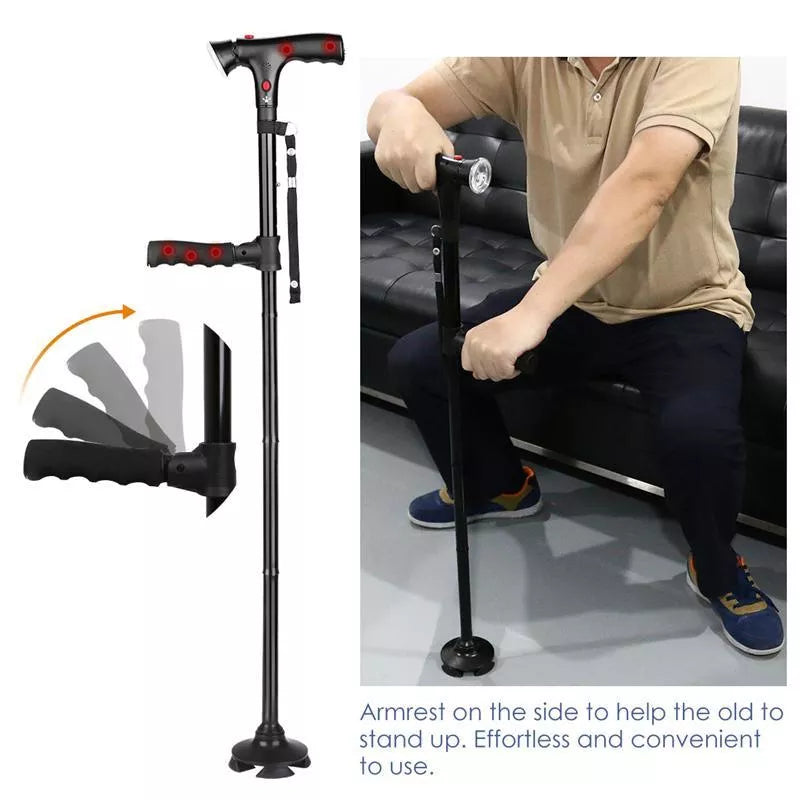 Adjustable aluminum walking stick with foldable design and safety features