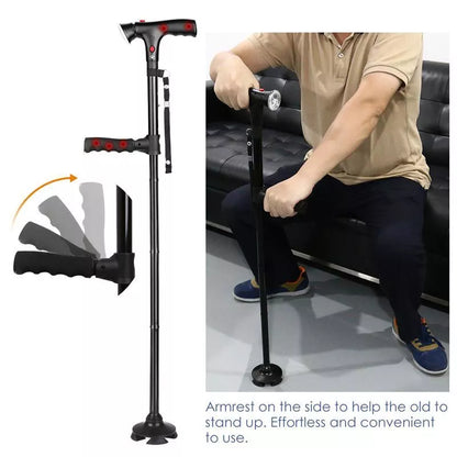 Adjustable aluminum walking stick with foldable design and safety features