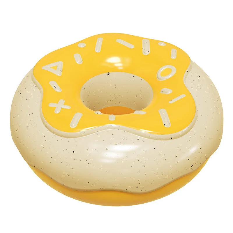 Pink, yellow, or chocolate coloured donut-shaped dog chew toy with textured surface.