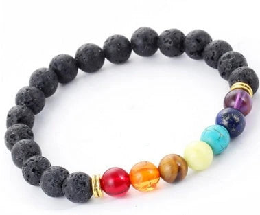 Handcrafted black lava beaded bracelet with seven chakra stones for healing and balance