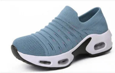 Women's fly-knit stretch socks shoes in dark blue with mesh upper and low heel