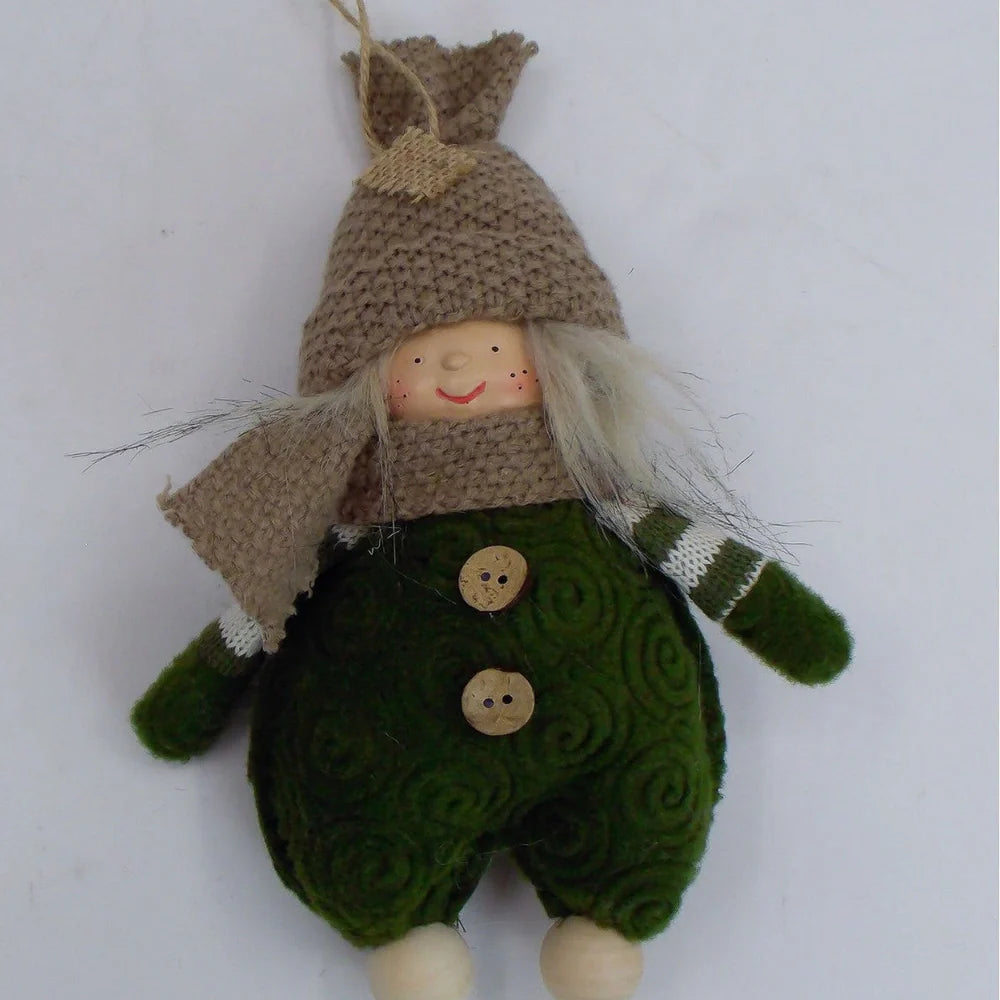 Christmas Easter fabric plush doll in dark brown with green clothing and red hat showing two size options