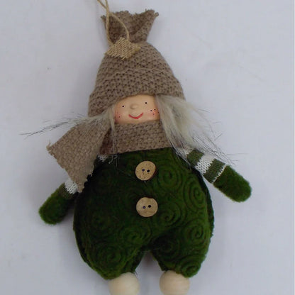 Christmas Easter fabric plush doll in dark brown with green clothing and red hat showing two size options