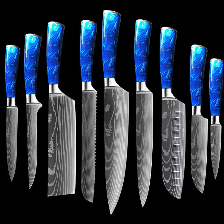8-inch Chef Knife with vibrant blue resin handle, perfect for precision cutting in the kitchen.
