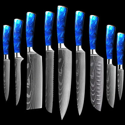 8-inch Chef Knife with vibrant blue resin handle, perfect for precision cutting in the kitchen.