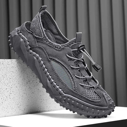 Men's black waterproof sports sandals with leather mesh upper, elastic band, and rubber sole.