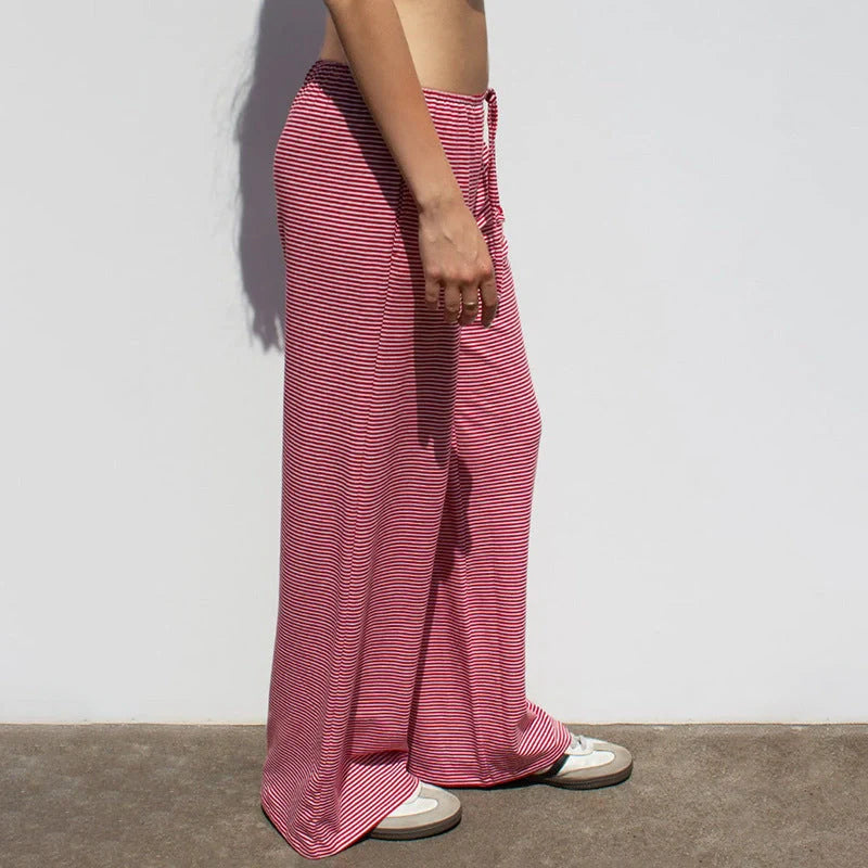 Stylish women's striped pants in various colors with a casual, Y2K-inspired design
