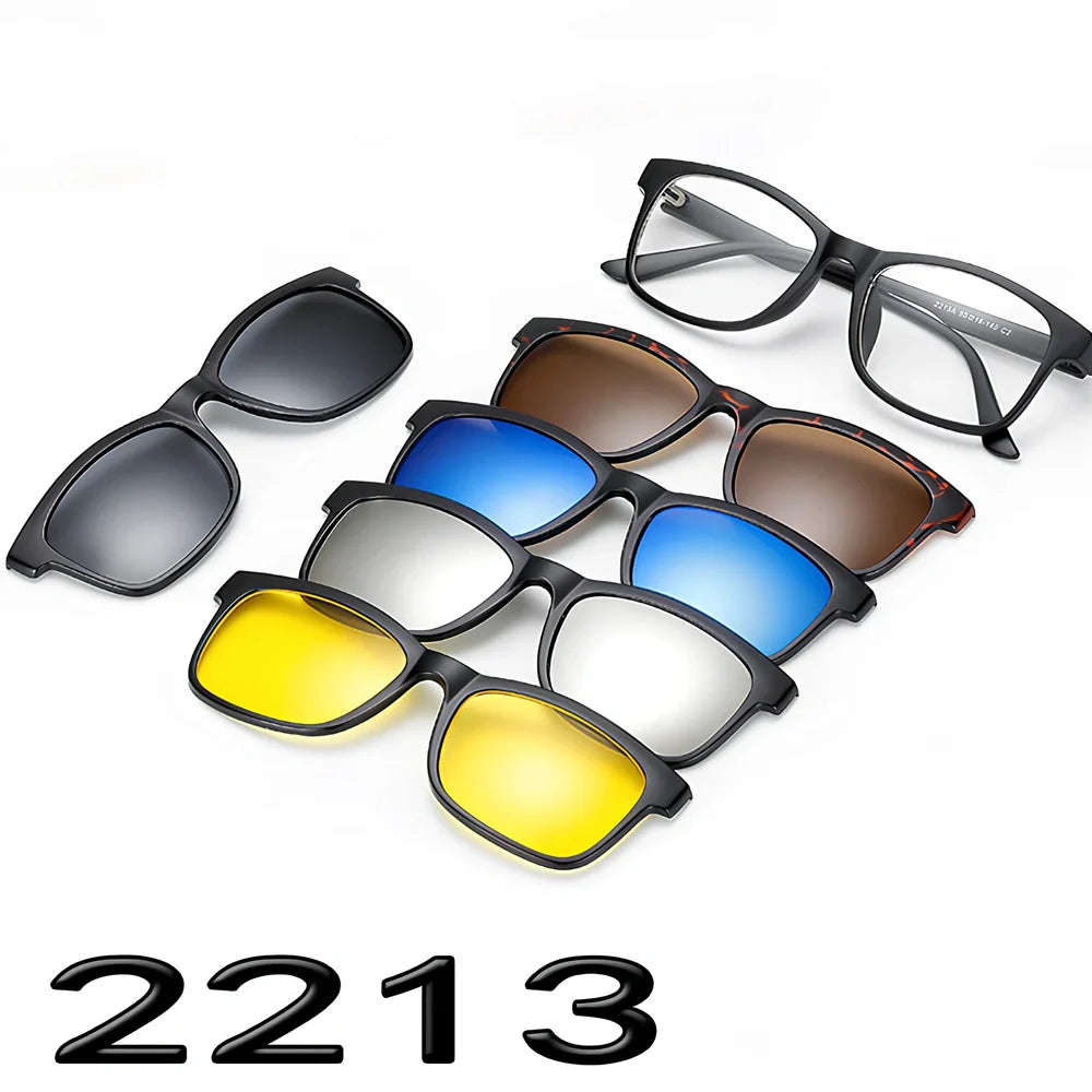 Magnetic sunglasses showing closure system with resin lenses and PC frame in multiple size options