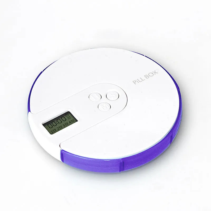 7-compartment alarm clock pill dispenser showing medication organisation with timer display