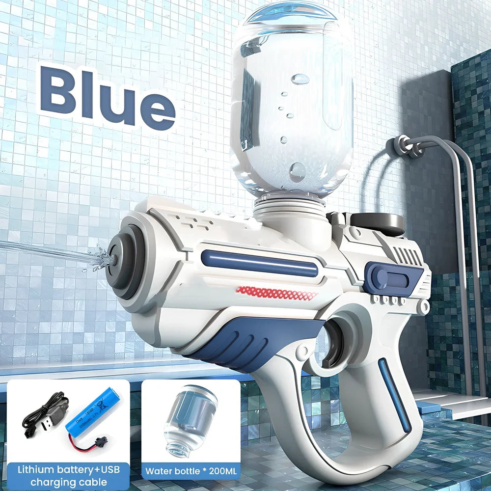 Automatic electric water gun with 800ml tank capacity and space-themed blue design