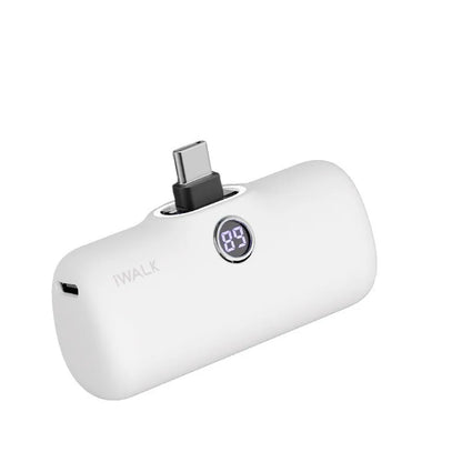 Compact lipstick-style power bank showing screen display with battery percentage, measuring 78mm x 51mm x 25mm