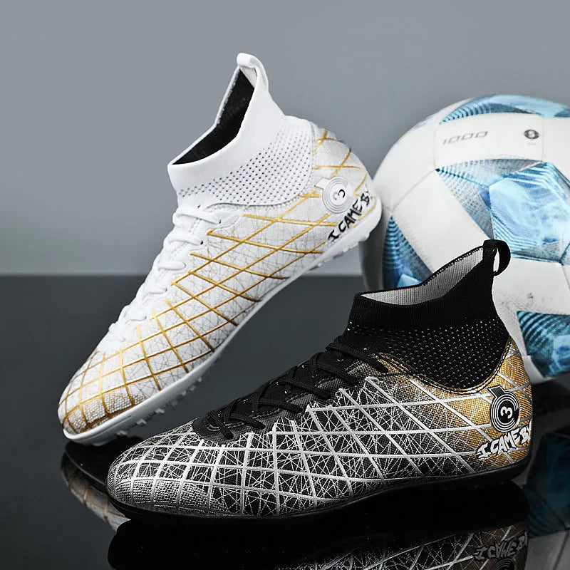 Pair of football boots with rubber studded sole, tall crown upper and front laces, for natural lawn and artificial grass
