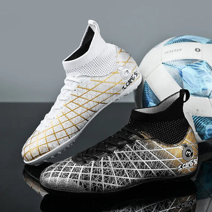 Pair of football boots with rubber studded sole, tall crown upper and front laces, for natural lawn and artificial grass